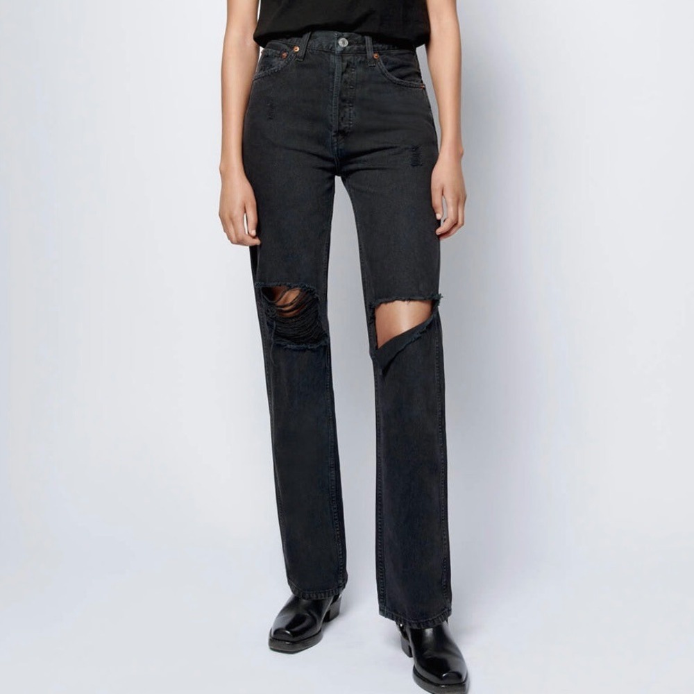 RE/DONE Women's‎ High Rise Loose Jeans, Washed Black with Rips Sz 25